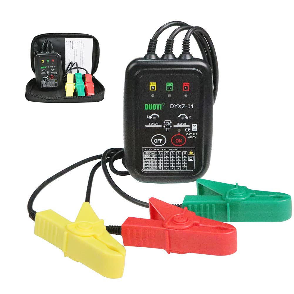 

3-Phase Rotation Meter, Non-Contact Voltage Tester 70V~600V AC, Motor Rotation & Short Detection, 23.62 Cable, Carrying Bag