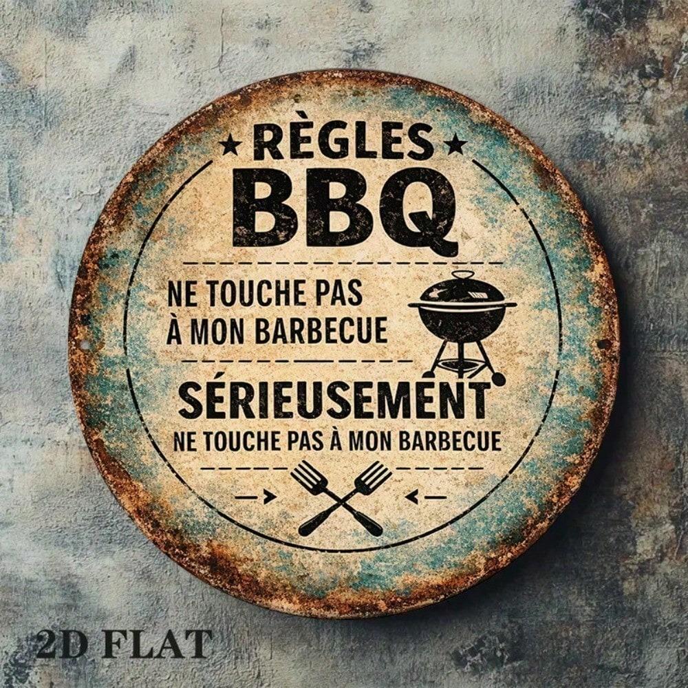 1pc 8x8in Retro BBQ Rules Don't Touch My Grill Sign, Vintage 2D Flat Round Plaque for Patio Kitchen