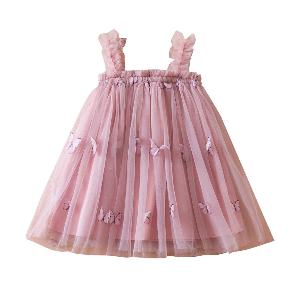 Summer Girls Suspender Dress Butterfly Cute  Girl Mesh Puffy Vest Princess Dress