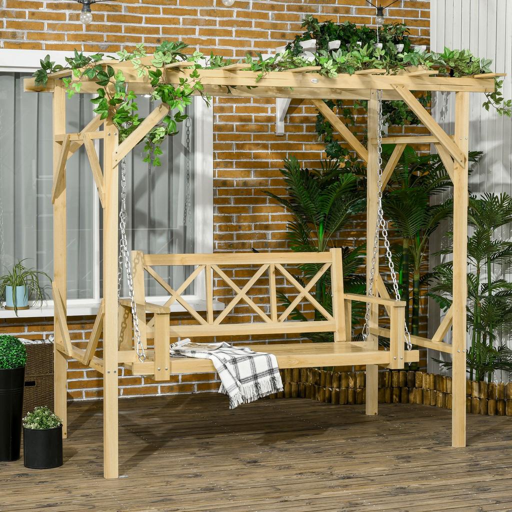 Swing Bench with Pergola, for 2 People, Height-adjustable, Solid Wood Frame, 2.21 X 1.40 X 1.96 M