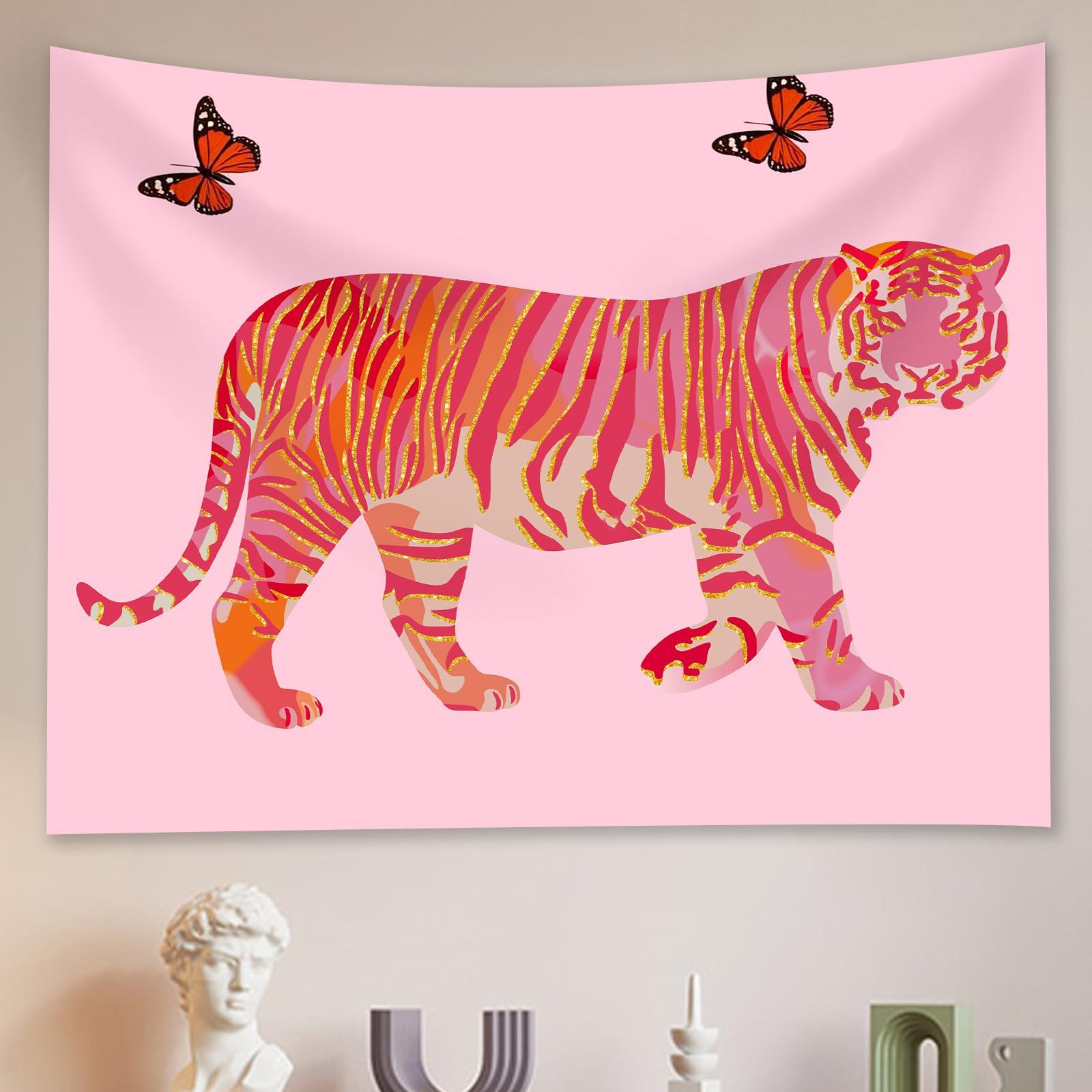 

VIKAMA Tiger Artistic Tapestry Pink Butterfly Wall Hanging Fabric for Girls Bedroom Living Room Dormitory Decoration 74x94cm(29x37in)