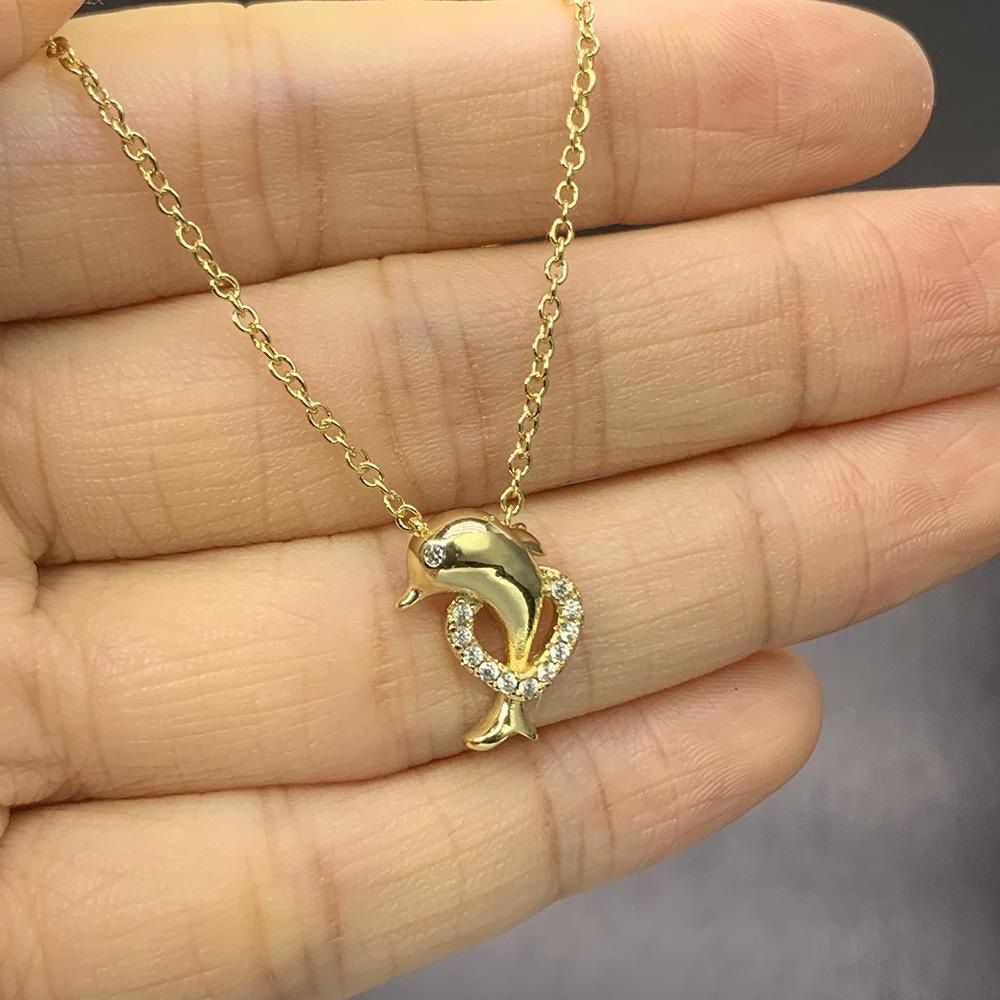 Kawaii Dolphin Necklace for Women Cute Pendant Gold Heart Cubic Zirconia Choker Chains On Neck Jewelry Gifts N148