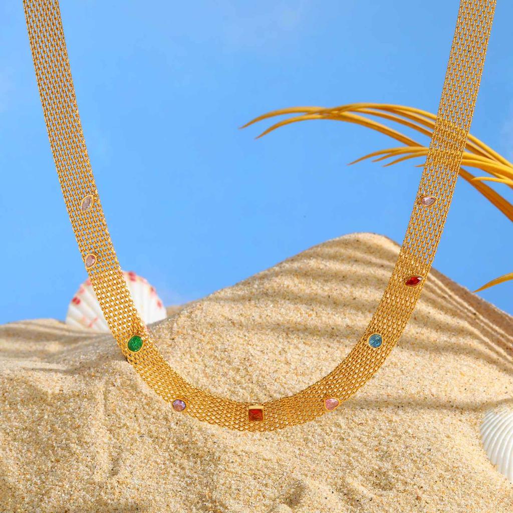 Wide-Faced Stainless Steel Mesh Chain Colored Zircon Gold Necklace Ladies 2381