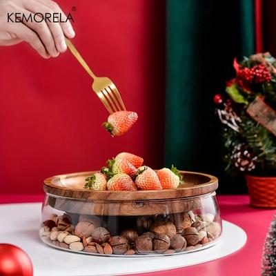 Wooden Trays Glass Bowl Nuts Fruits Food Container For Cereals Jar Double Layer Candy Jars With Wooden Lid Home Kitchen Storage