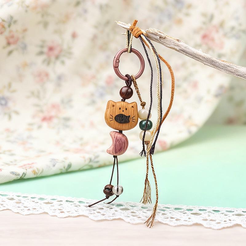 Peach Wood Coffee Bean Teddy Bear Heart Handbag Charm Pendant Keychain