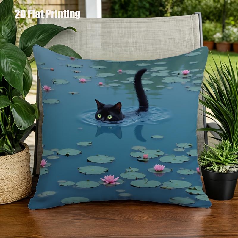 Black Cat In Water Lilies Pillowcase, Impressionist Art Cushion Cover, Nature Scene Decor, Unique Home Accent for Living Room