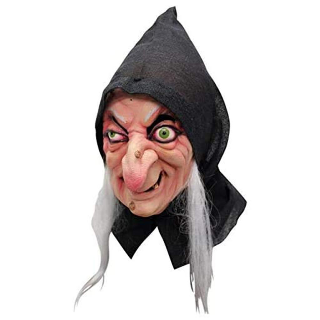 Latex Witch Mask with Hood for Halloween Haunted House Escape Room Cosplay Prank Prop Full Head Cover Costume Accessory