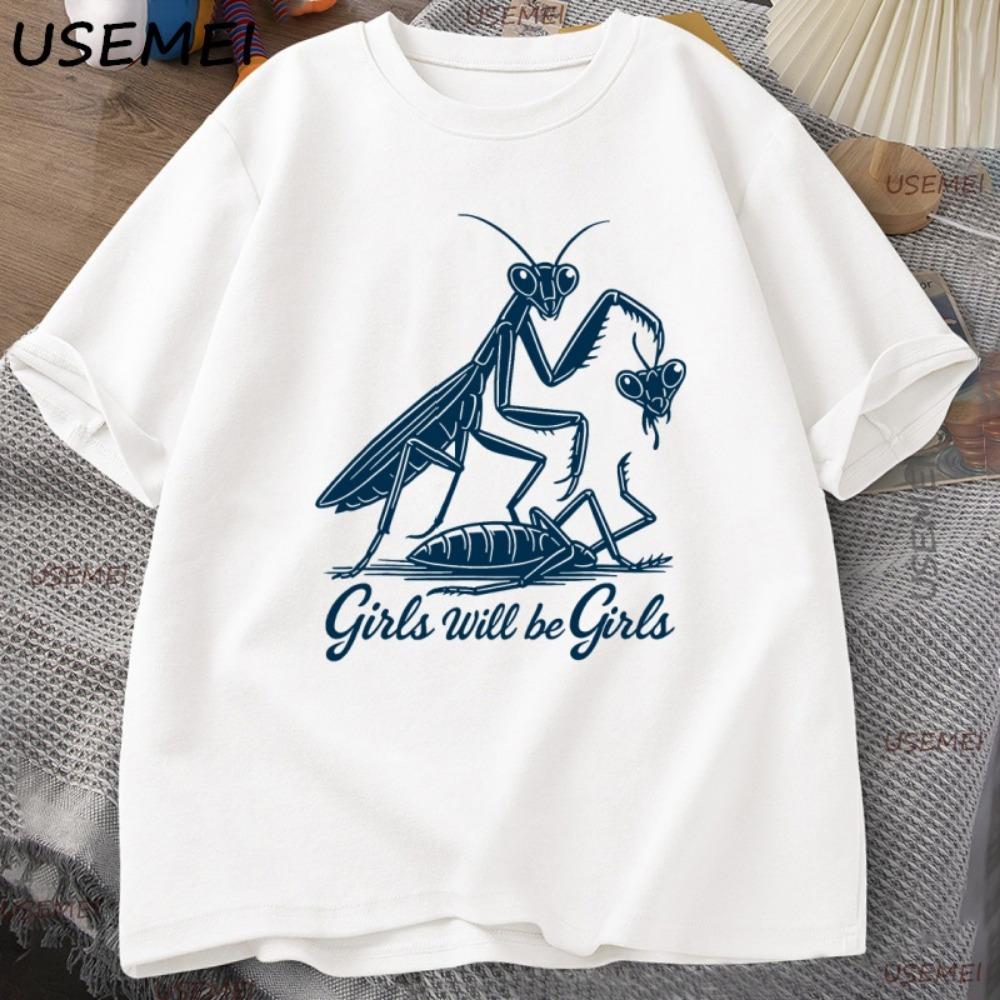 

Pattern Sports Shirt, Fun T Shirt, Praying Mantis Print Round Neck Short Sleeved Shirt, Casual Women s Top S белый