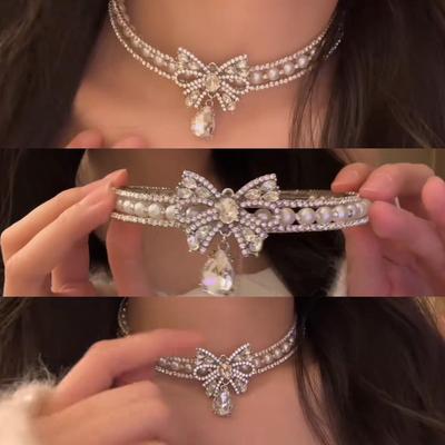 Korean Princess Rhinestone Bow Pearl Necklace: Elegant High-End Clavicle Chain