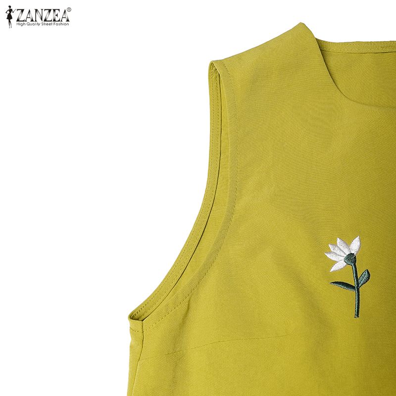 ZANZEA Women Casual Round Neck Loose Floral Embroidery Sleeveless Dress