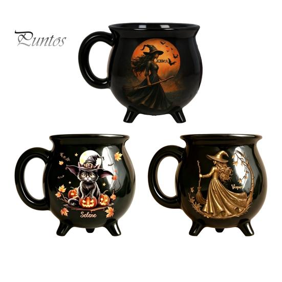 Kaffee Milch Heiße Schokolade Tasse Halloween Hexe Kessel Tasse, 350ml Vintage Gotisch Dreibeiniger Zaubertopf, Tasse für Schwarze Katze Keramik Haus Und Büro Dekoration Drei