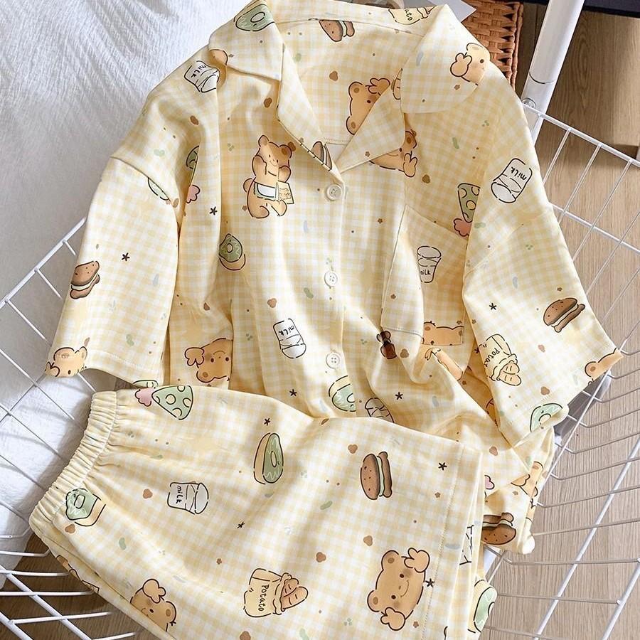 

Japanese sweet yellow plaid bear pajamas women s summer short-sleeved shorts cardigan set soft cute loungewear two-piece set S