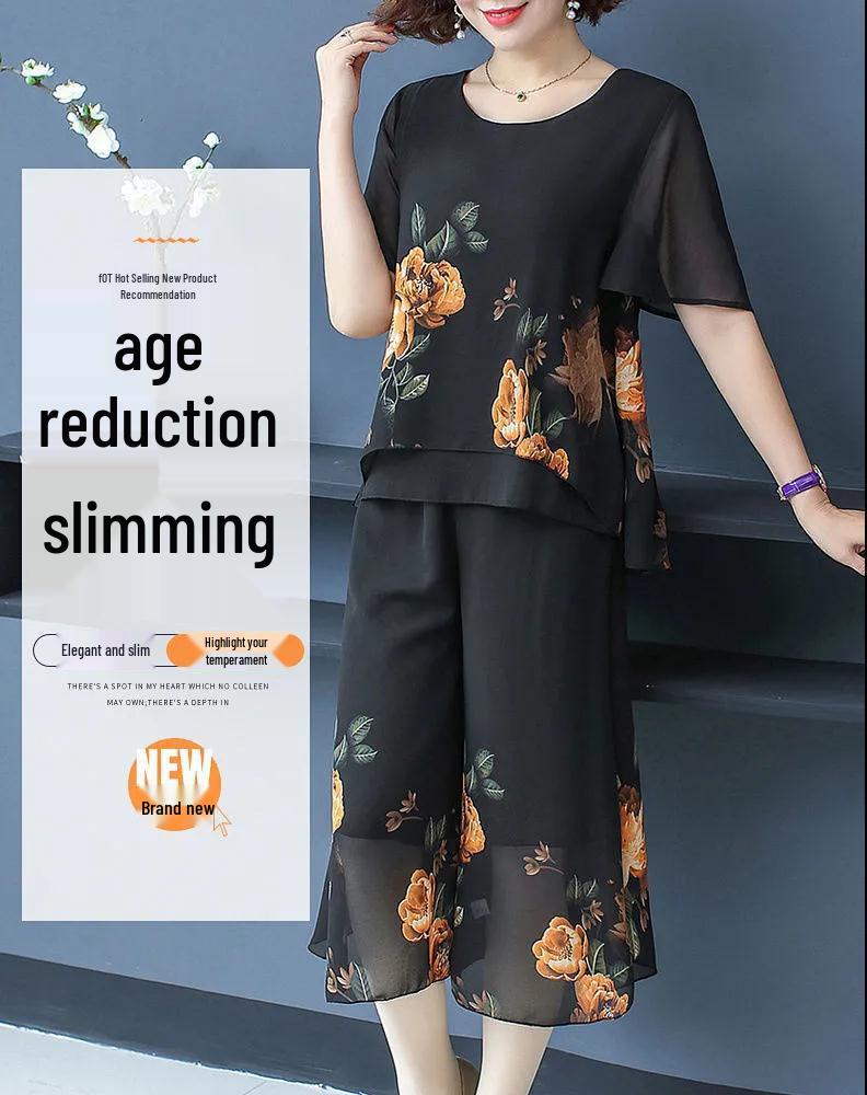 2021 Summer Chiffon Two-Piece Set for Middle-Aged and Elderly Women: Fashionable Loose Style for Mothers