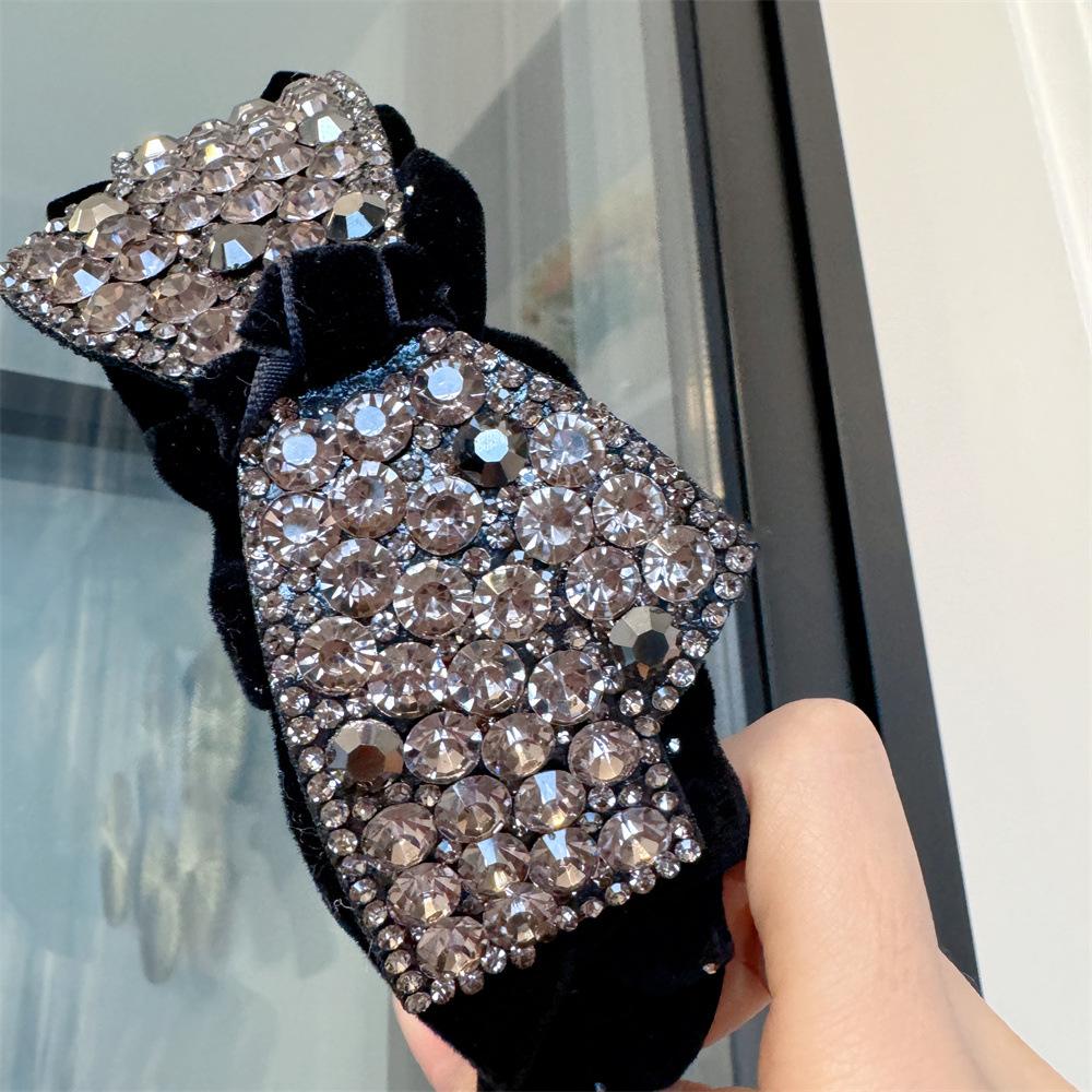 Women's Gold Velvet Pleated Sweet Style Headband Hot-Studded Large Bow Fully Rhinestone-Embellished Design High-Crown