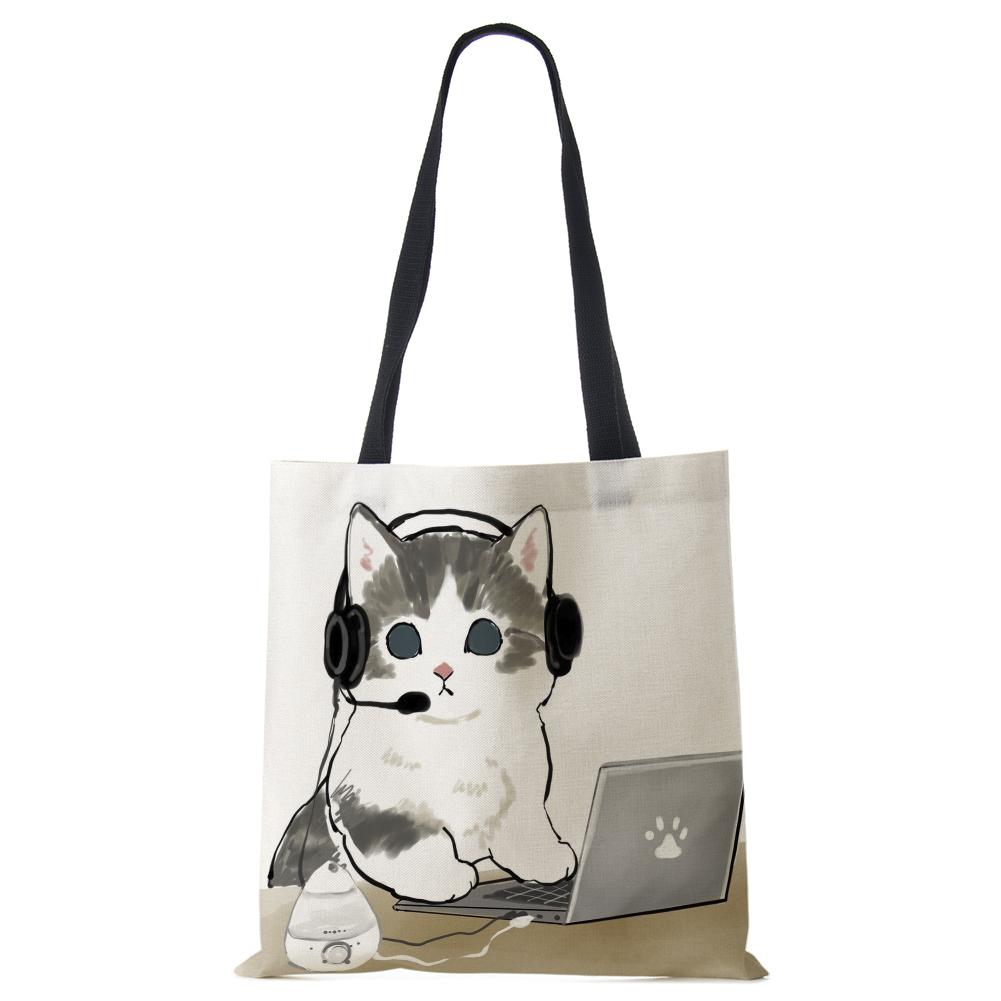 Cat Cartoon Canvas Shoulder Bag Women Print Harajuku Casual Shopping Tote Bag Reusable Large Capacity Folding Handbag CLE