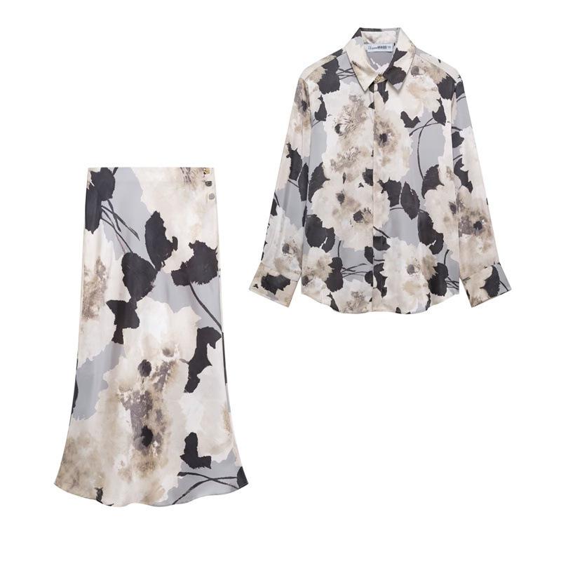 

TAOP&ZA Women s Spring/Summer Silk-Feel Print Shirt and Midi Skirt Set 2375121 M