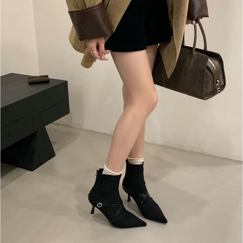 European and American cross belt buckle high-heeled short boots, new suede pointed thin heel rear zipper thin boots in autumn and winter 2025