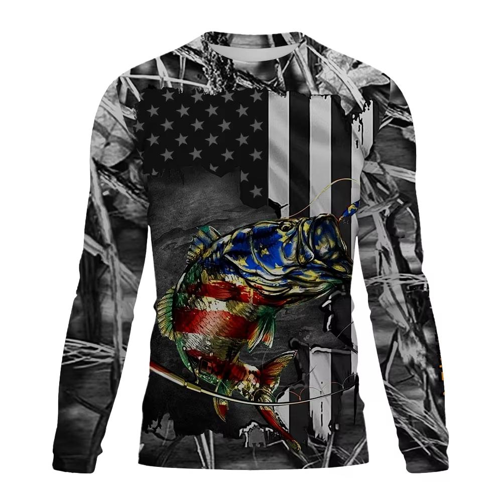 Spring and Autumn Round Neck 3D Fishing Printed T-shirts Fashionable Casual Long Sleeved Men's T-shirts