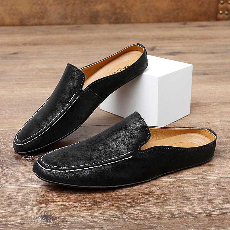 Genuine Leather Men Slippers Slip On Half Shoes Summer Casual Shoes Breathable Sandals Lightweight Muller Shoes Comfy Lazy Shoes