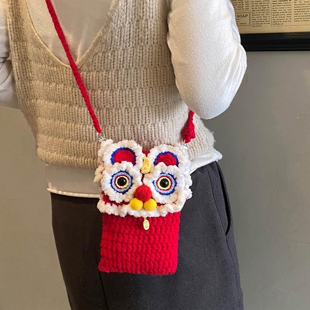 New Handmade Kintted New Year Shoulder Bag Personality Red Color Spring Festival Coin Purse Crossbody Bag