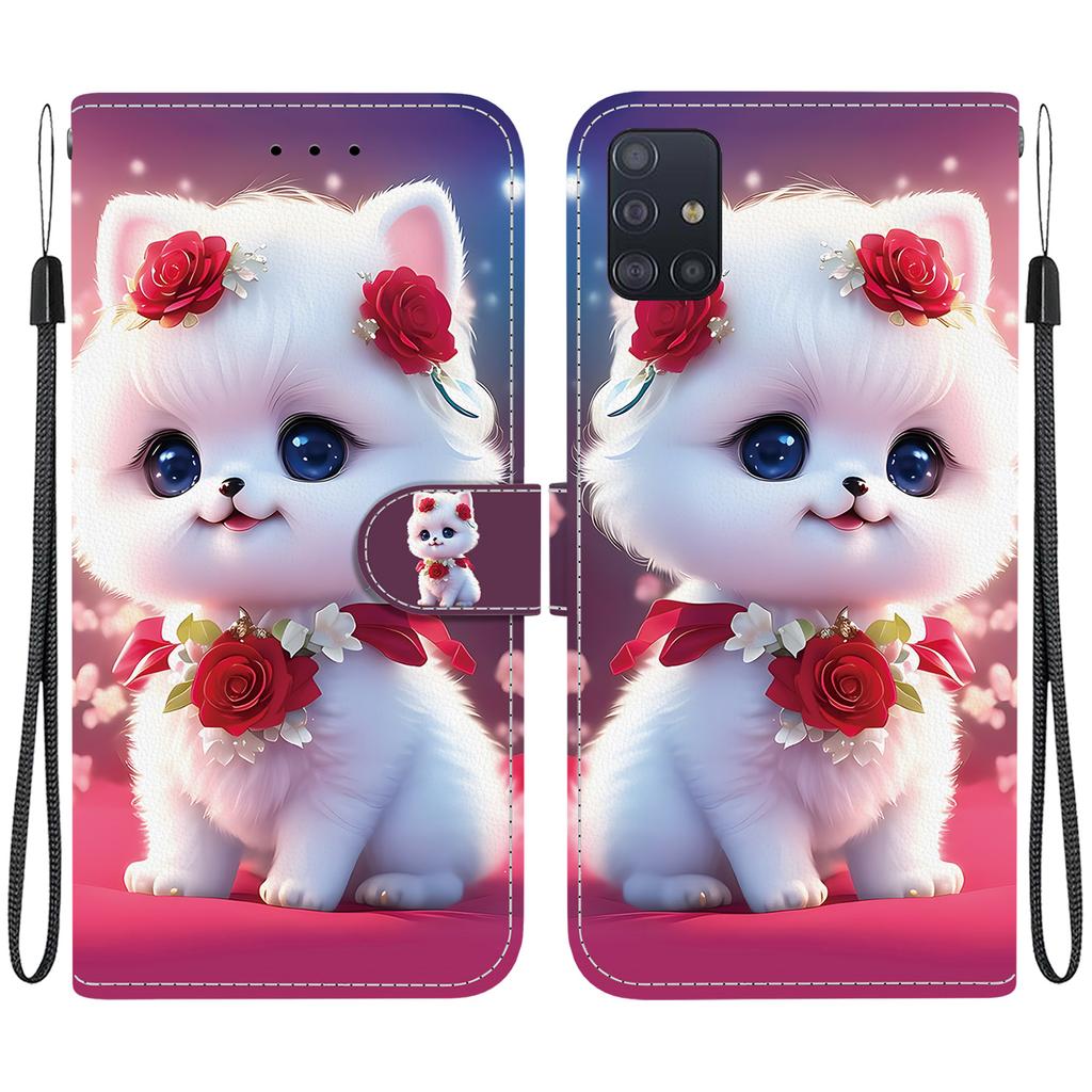 Handmade PU Leather Flip Case for Samsung Galaxy A51 5G (SM-A516F/A516B)- Anti-Slip Shockproof Cover with Wrist Strap & Heart/Rose Cat Designs