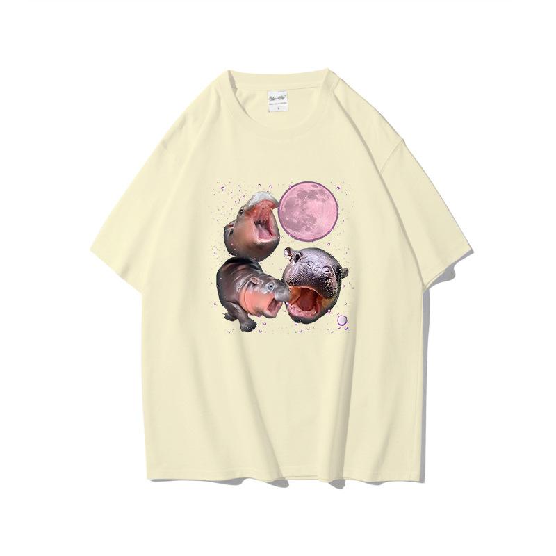 Summer Pure Cotton Short Sleeved Creative Trend Bouncing Pig Moo Deng Printed Round Neck Sports Shirt Casual Versatile T-Shirts Women’s