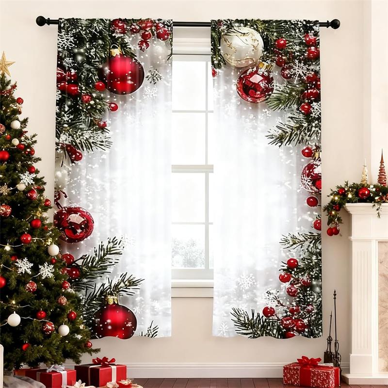 Christmas Ball Holiday Printed Curtains, 2 Pieces 2D Flat Printed Red Luxury Xmas Print Curtains with Snowflakes for Holiday Party Decor