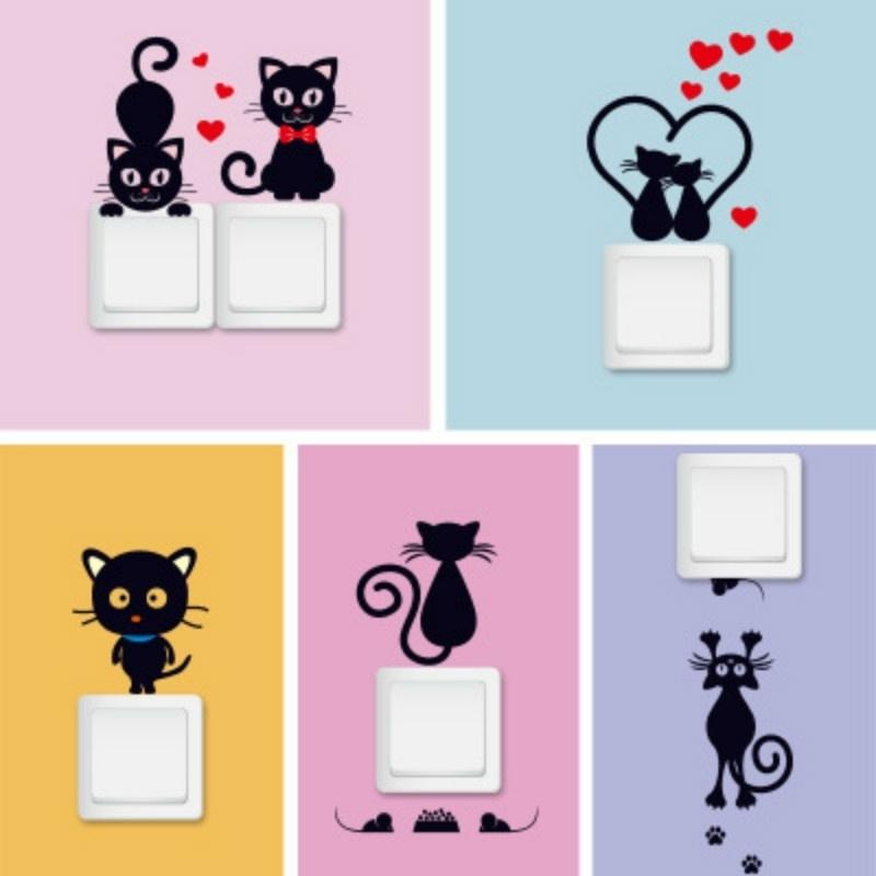 2PCS Lovely Cat Light Switch Phone Wall Stickers for Kids Rooms Diy Home Decoration Cartoon Animals