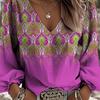 Retro Ethnic V-neck Women's Top - Lantern Sleeve Totem Print Loose and Slimming Long-sleeved Top - Bohemian Style