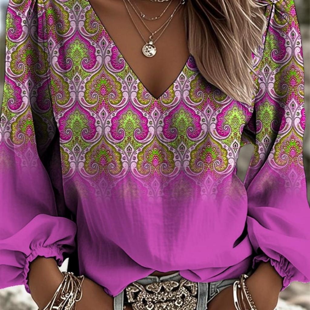 Retro Ethnic V-neck Women's Top - Lantern Sleeve Totem Print Loose and Slimming Long-sleeved Top - Bohemian Style