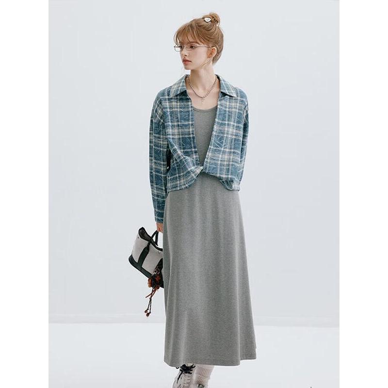 Plus Size Faux Two-Piece Plaid Shirt Dress M