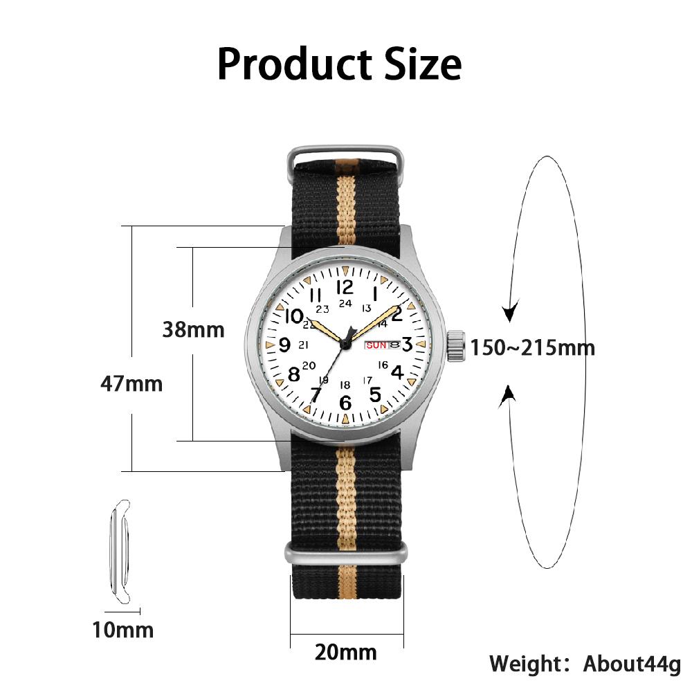 TPW Leuchtende 38mm Herren-Felduhr Leicht ablesbar Stoffarmband 24-Stunden-Anzeige Datum Wochentag Funktion Quarzwerk