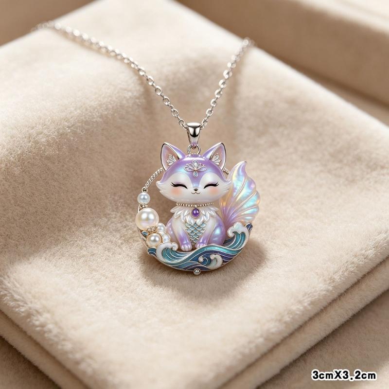 Nine-tailed Fox Enamel Pendant Necklace Waterproof Chinese Traditional Jewelry Durable Chain for Women Graduation Gift