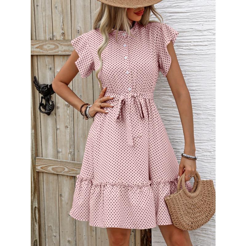 Women Polka Dot Ruffle Short Sleeve Lace Up A Line Casual Vacation Dress