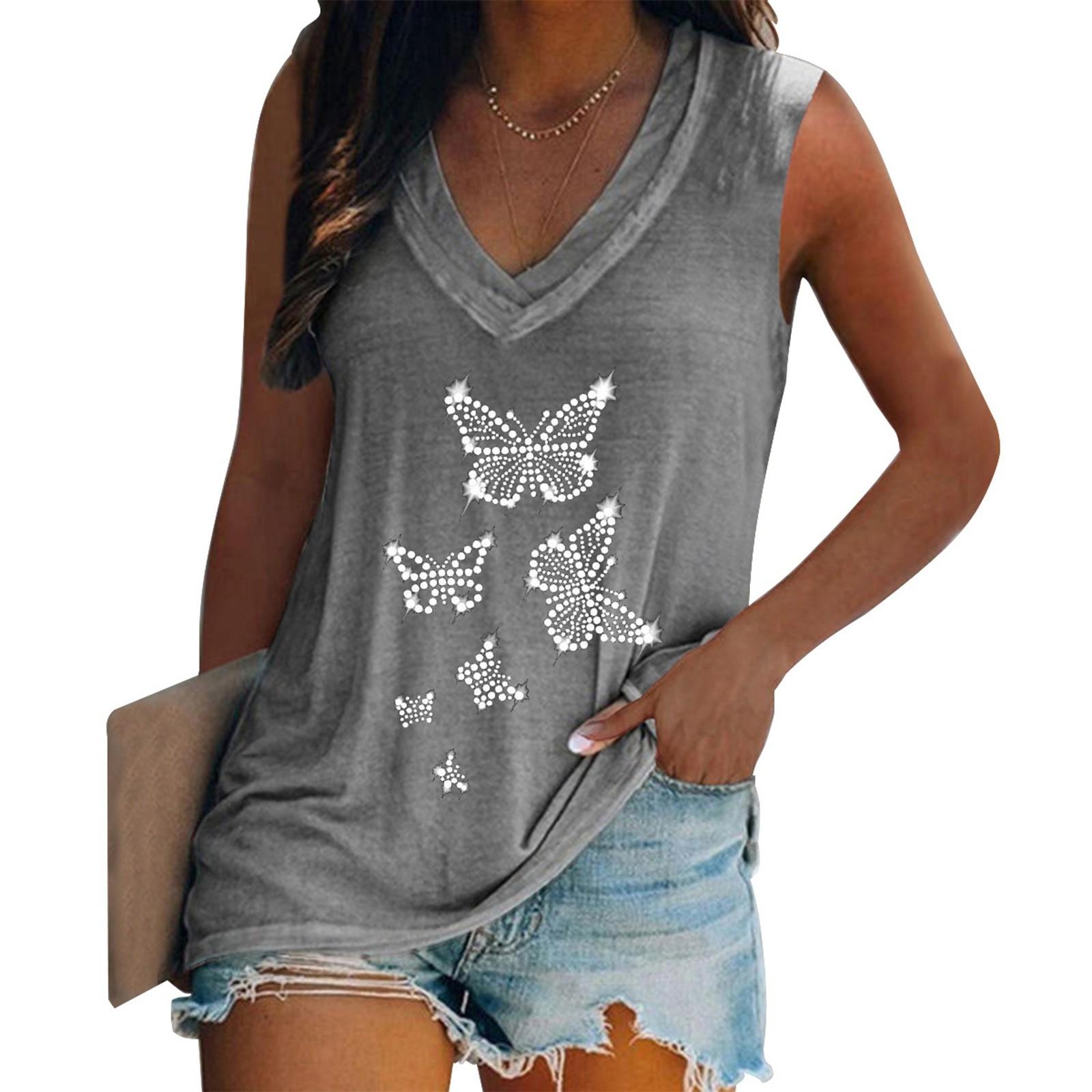 

Women s Fashion V-neck Pullover Sleeveless Casual T-shirt With Iron- Diamonds XXXXL