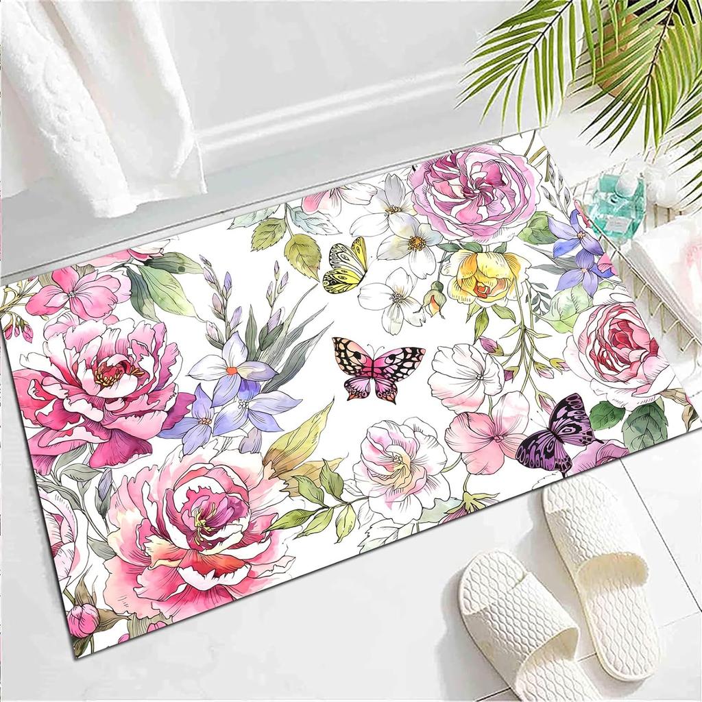 Wild Animal Butterfly Carpet Spring Garden Plant Floral Rug for Bedside Sofa, Botanical Flower Floor Mat Home Entrance Doormat