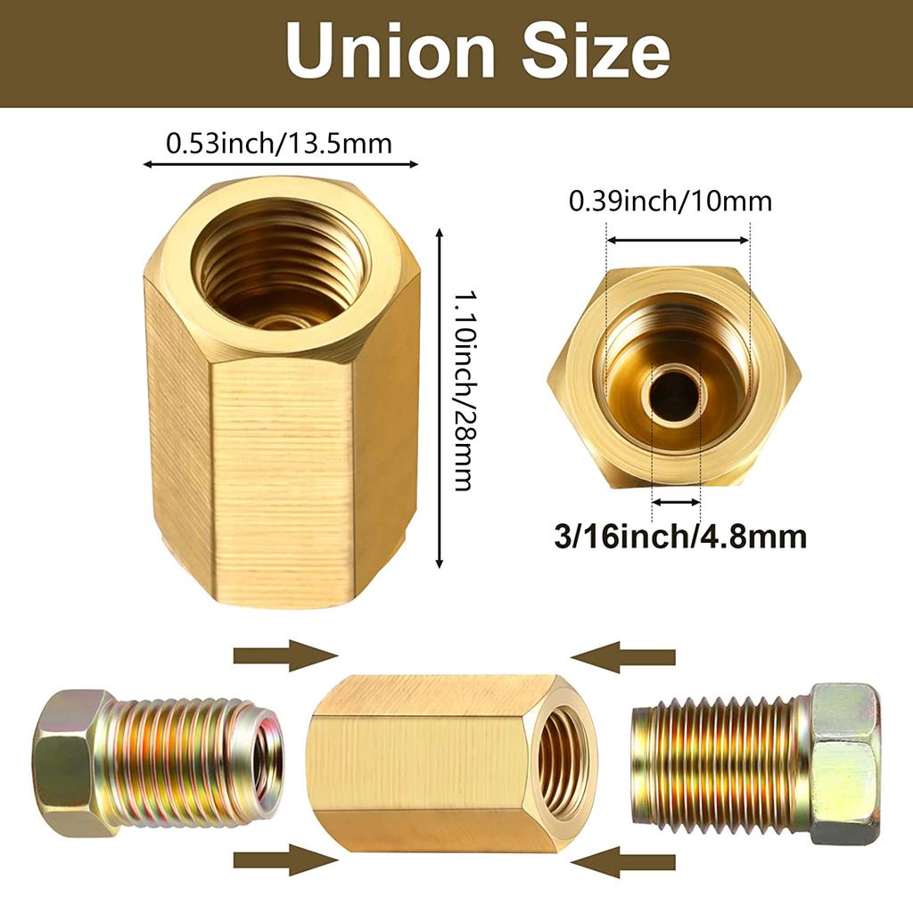 12x 1/4inch Brake Line Connector Fittings Brass Unions 7/16-24 Inverted Adapter Set Car Accessories Threads