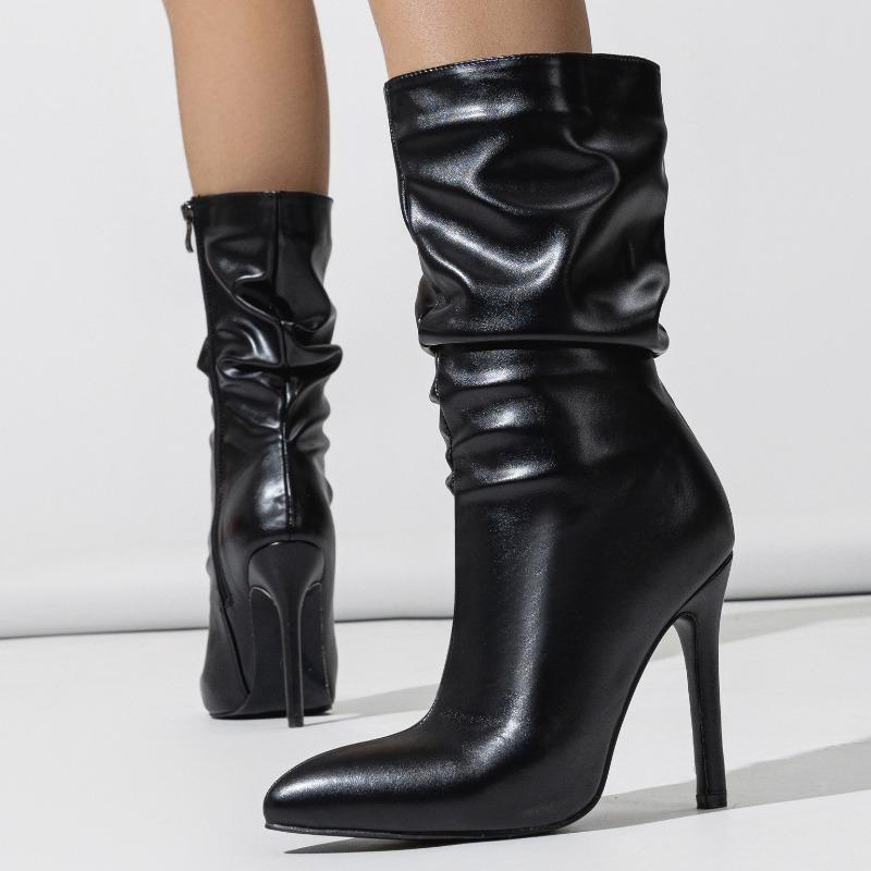 

Fashion Black Pointed Toe Pleated Ankle Boots Women High Quality Zipper Thin Heel Leather Boot Women Sexy Nightclub Stripper Modern Boot 35 чёрный
