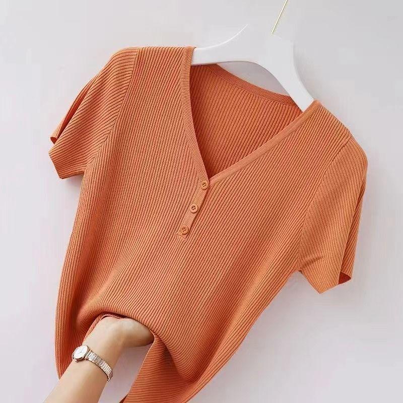 Women Ice Silk Short Sleeve Knitted V Neck T Shirt Versatile Pullover Simple Top