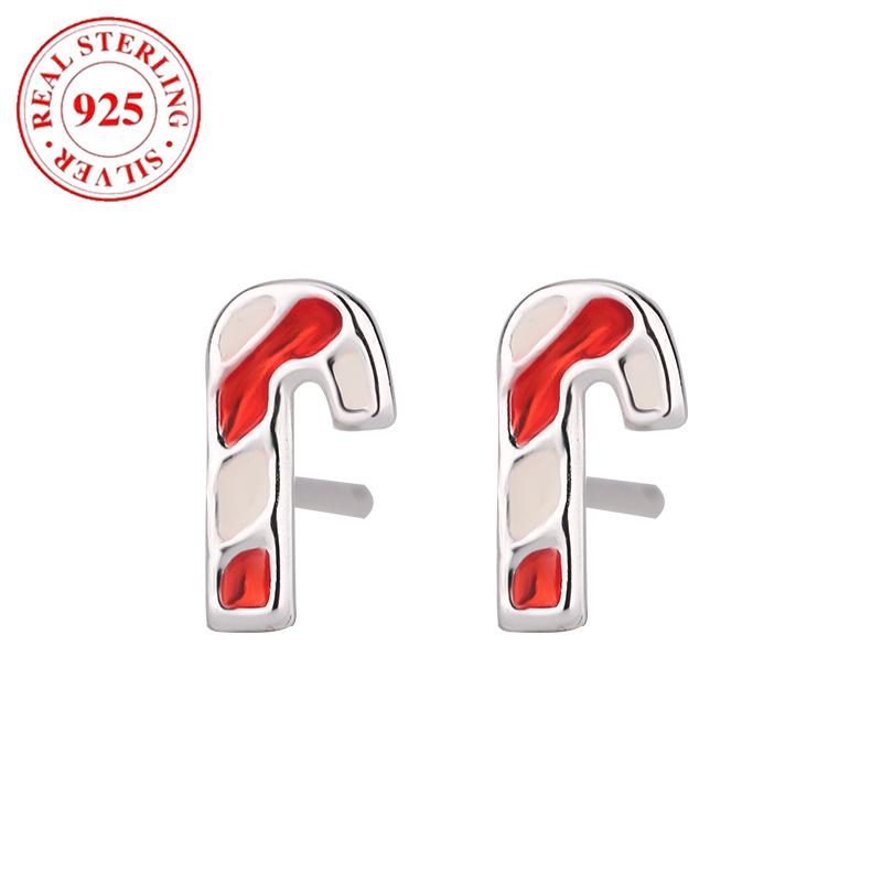 S925 Sterling Silver Christmas Candy Cane Stud Earrings for Women - Fashionable and Simple Holiday Accessory