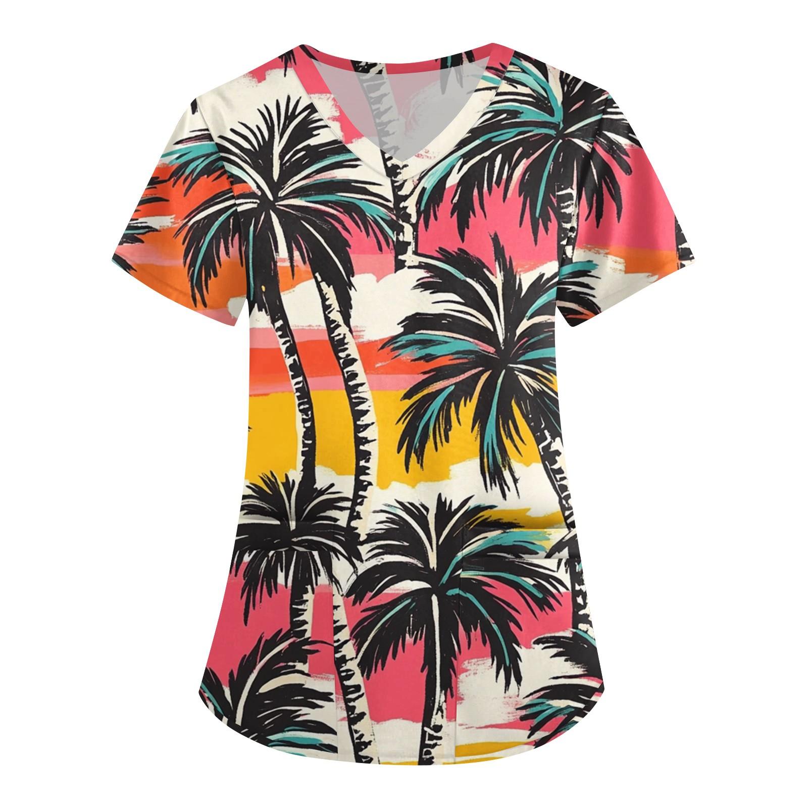 

Жіноча мода V-подібний виріз Короткий рукав Робочий одяг З кишенею Топ з гавайським принтом Костюм доглядальниці XL кавун червоний колір