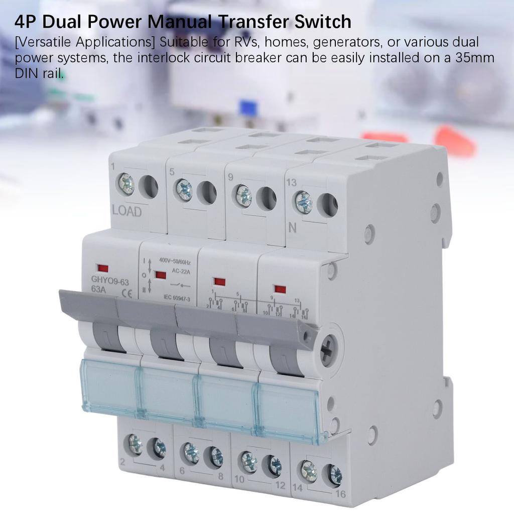 Dual Power Manual Transfer Isolating Switch 4P 63A DIN Rail Backup Power Changeover Switch Interlock