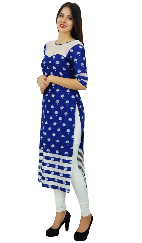 Bimba Womens Designer Blue Cotton Kurta Long Straight Kurti Classic Chic Indian