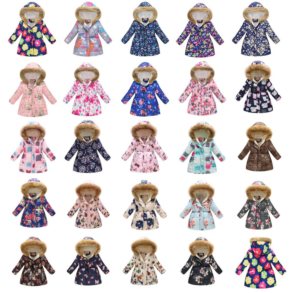 Autumn and Winter Children's Cotton Jacket Boys and Girls Fashion Printing Cartoon Big Boy Long Section Hair Collar Hooded Cotton Coat Jacket