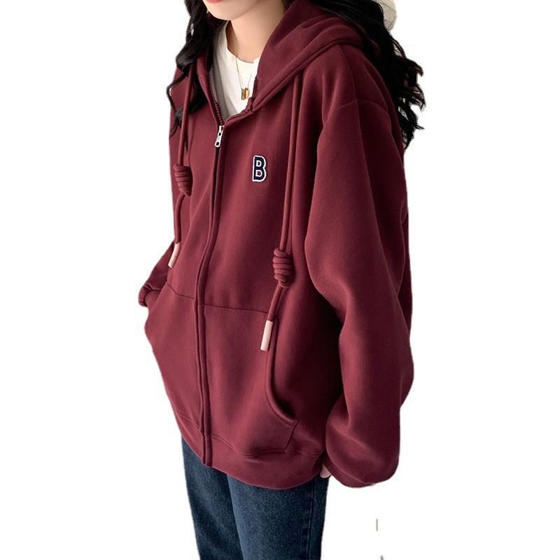 Velvet Loose Hooded Sweatshirt for Women Autumn and Winter 2024 New Burgundy Zipper Cardigan Thickened Jacket for Women Lazy Style