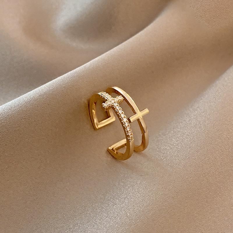 

Fashion Double-Layer Cross Zircon Ring For Women Gold Silver Color Adjustable Finger Rings Bling Korean Elegant Jewelry Gift