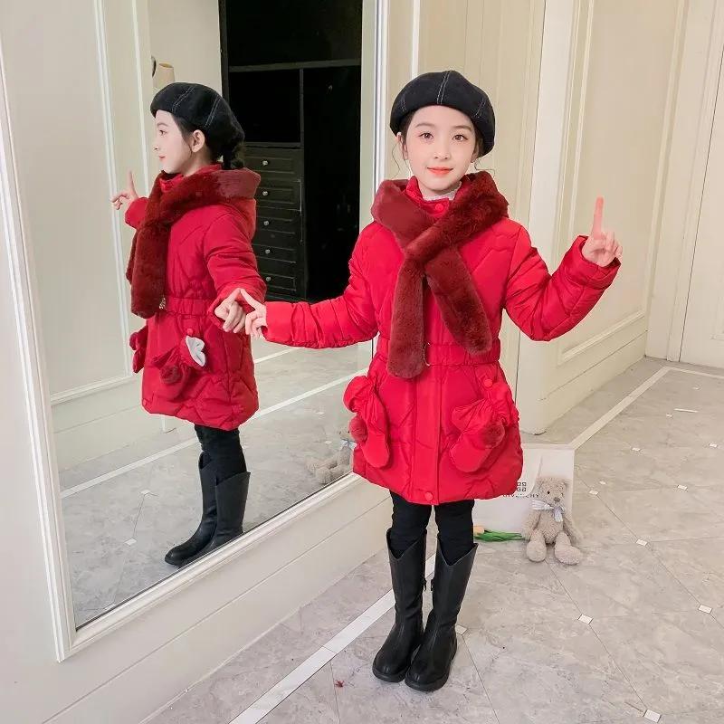 Winterjacke für Mädchen mit Pelzkragen, mittlere bis große Kinderoberbekleidung, warm halten, Prinzessinnenmantel mit Kapuze, Reißverschluss, Mädchenoberbekleidung, Kinderkleidung