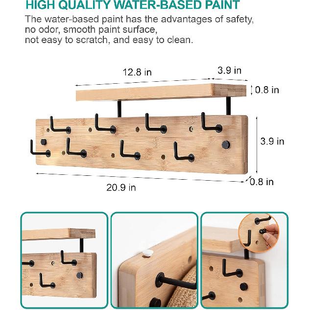 Wall Mounted Coat Rack with 8 Hooks & Storage Shelf - Multi-Functional Coat Hanger with Upper Shelf for Bathroom, Entrance, Living Room, Bedroom -