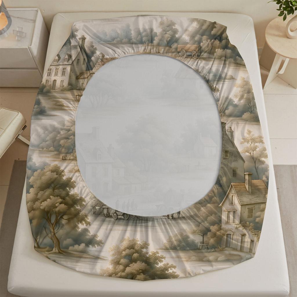 3D Digital Printing Mountain Village Woods Fitted Sheet Set NO Pillowcases Serene Peaceful Washed Cotton Material Comfortable
