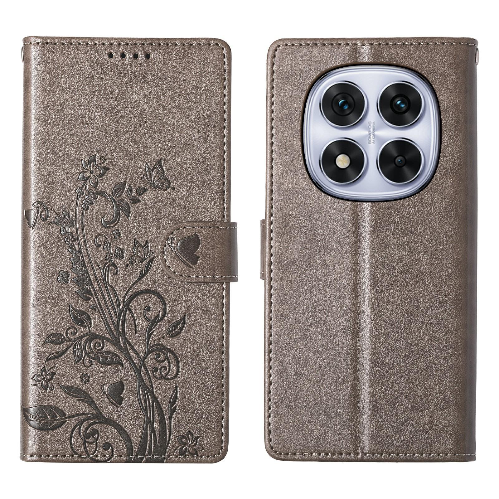 

For Xiaomi Redmi Note 14 Pro 5G/Poco X7 5G Wallet Case Butterfly Floral Imprint PU Leather Phone Cover with Wrist Strap Grey